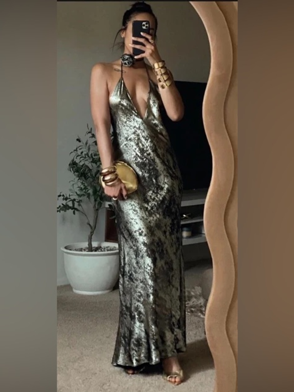 Zara Metallic Black- Gold V-Neck Long Maxi Dress